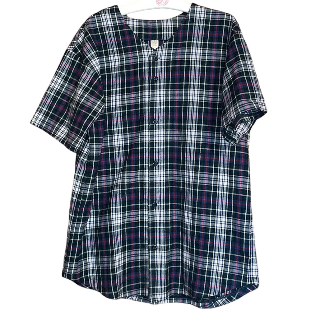 •BY AMERICAN APPAREL•BASEBALL JERSEY FLANNEL PLAID SHORT SLEEVE TOP SIZE MEDIUM